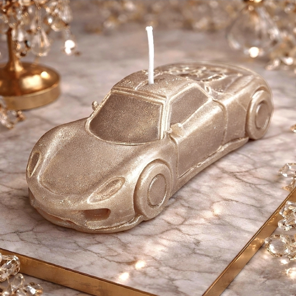 Gold Sports Car Rose Scented Candle Handmade Beeswax Decor